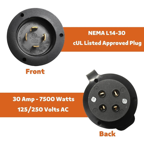 Front and back view of Locking L14-30P Flanged Inlet Generator Plug with Dust Cover, four prong, 30 amp, 125/250 volt, 7500 watts.