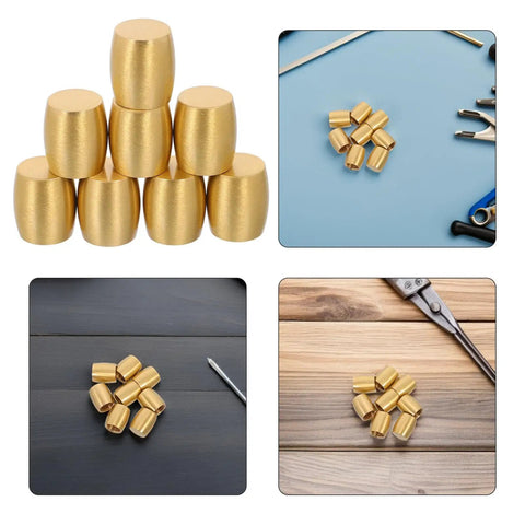 8 Pcs Brass Furniture Feet For Wooden Trays And Riser Stands Cone Shaped Leveling Legs arranged in a pyramid on light background