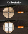 View through 3-9x32 AO Rifle Scope With R4 Reticle And 20mm Mounts at 3x and 9x magnification, target visible at different distances.