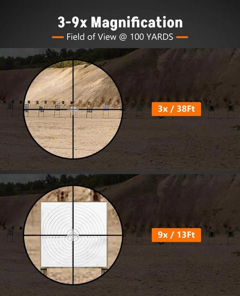 View through 3-9x32 AO Rifle Scope With R4 Reticle And 20mm Mounts at 3x and 9x magnification, target visible at different distances.