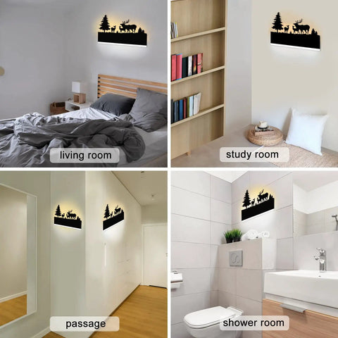 Forest Deer Cartoon Wall Sconce LED Light For Indoor Spaces in bedroom, study, hallway, and bathroom; 12W metal and acrylic design