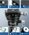 Close-up of Heavy Duty Tripod Leveling Base Camera Leveler Featuring Arca Swiss Half Ball Mount, showcasing bubble level and locking features.