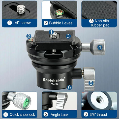 Close-up of Heavy Duty Tripod Leveling Base Camera Leveler Featuring Arca Swiss Half Ball Mount, showcasing bubble level and locking features.