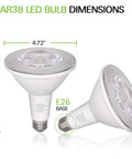 Dimensions of 2 Pack Outdoor LED Flood Light Bulbs PAR38 3000 Lumen 25W 300W Equivalent Waterproof Dimmable Spotlight 5000K Daylight E26 Base.