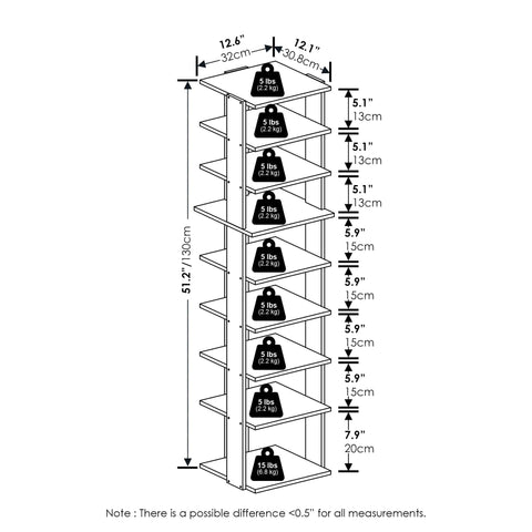 Diagram of Nine Tier Slim Vertical Shoe Rack For Small Spaces Free Standing Narrow Organizer with measurements