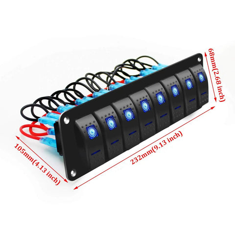 8 Gang Waterproof Rocker Switch Panel With Blue LED Backlight For 12V And 24V Boats Cars Trucks Marine RVs And Trailers, side view