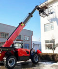 Heavy Duty Industrial Telescopic Boom Handler Forklift With Smart Transmission And Active Auto Leveling Frame Built Like A Tank For Heavy Jobsite Grind Featuring Multi Tool Mounts And Plug And Play Rig extending to lift a platform near a building.