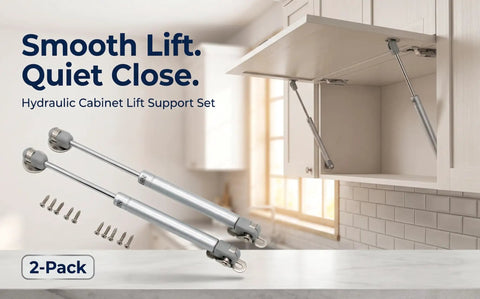 Top Shelf Heavy Duty Gas Struts 2 Pack For Cabinet Doors And Toy Box Lids 150N with hydraulic support set and screws.
