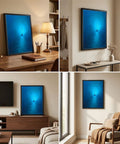 Black Framed Abstract Blue Ocean Rowing Boat Poster Canvas Print Art Modern Minimalist Aesthetic Wall Decor For Living Room Bedroom Office High Quality Waterproof Fade Resistant Canvas Vibrant True To Life Colors displayed in various room settings.