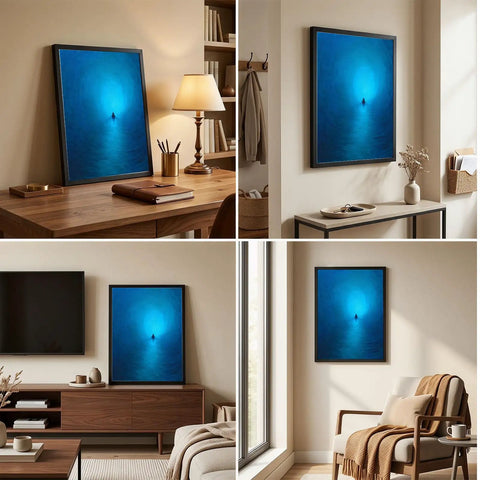 Black Framed Abstract Blue Ocean Rowing Boat Poster Canvas Print Art Modern Minimalist Aesthetic Wall Decor For Living Room Bedroom Office High Quality Waterproof Fade Resistant Canvas Vibrant True To Life Colors displayed in various room settings.