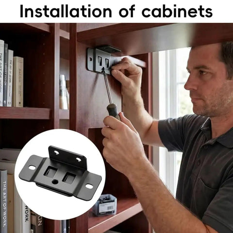 Man installing Zero Hassle Quick Install Cabinet Brackets And L Shape Furniture Joint Clips on wooden shelf with screwdriver.