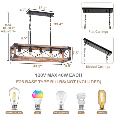 Dimensions and specifications of Rustic Farmhouse Wood Chandelier With Five Lights Rectangle Hanging Light Fixture For Dining Room And Kitchen Island Industrial Black Metal Accents For That Cozy Living Room Bar Or Pool Table Vibe Area, suitable for flat and sloped ceilings.