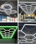 Geometric Hexagon LED Shop Light For Garage And Workshop Ultra Bright High Output Lighting For Car Detailing And Home Gym 14 Hex Grid Panels In Green Wide Coverage AC 100 To 240V Energy Efficient Easy Install Durable Construction