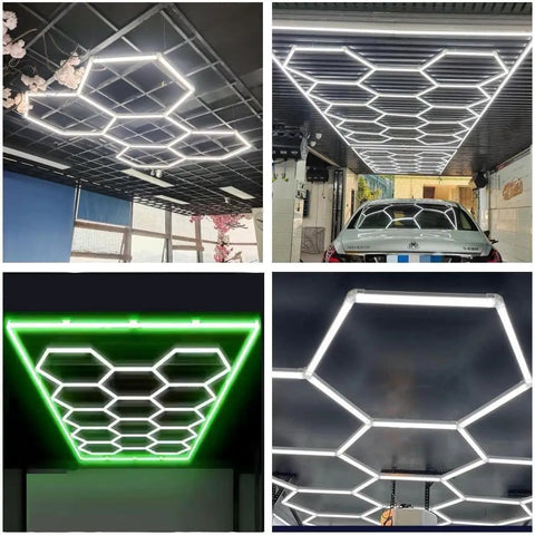 Geometric Hexagon LED Shop Light For Garage And Workshop Ultra Bright High Output Lighting For Car Detailing And Home Gym 14 Hex Grid Panels In Green Wide Coverage AC 100 To 240V Energy Efficient Easy Install Durable Construction