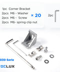 Dope 20 Set 3030 Aluminum Extrusion Corner Bracket Kit for 30 Series T Slot Rails with hex wrench, screws, and T-nuts displayed.