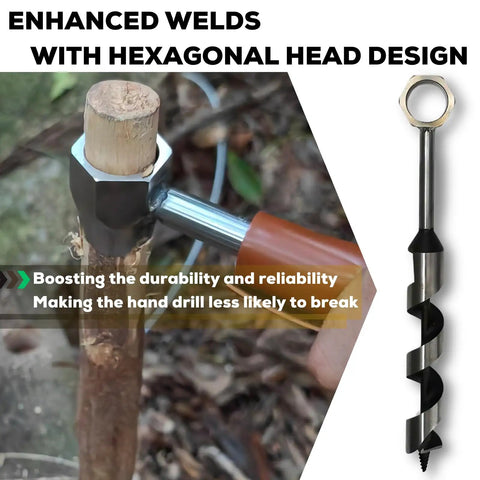 Heavy Duty Hand Auger Wood Drill for Bushcraft and Camping with Beefed Up Welds Hex Head, Sharp Scottish Eye for Effortless Cutting, Survival Tool Kit Including 10 Inch Settlers Wrench and Folding Saw, Premium Outdoor Bushcraft Gear in use on wood