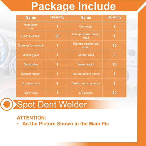 Package contents for Pro Stud Welder Dent Repair Kit For Auto Body Dents 110V 3000W 3800A Spot Weld Puller With 7 Welding Modes