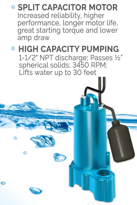 Heavy Duty Submersible Sump Pump To Kick Basement Flooding To The Curb with split capacitor motor and piggy back float switch.