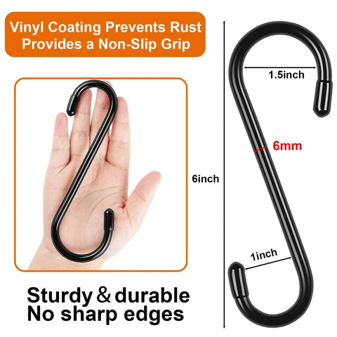 10 Pack 6 Inch Heavy Duty Vinyl Coated S Hooks Non Slip Black For Hanging Plants shown with dimensions and in hand