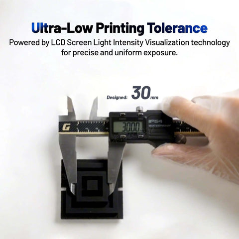Caliper measuring 3D printed object with 30mm design dimensions, showcasing Beast Mode Resin 3D Printer With Amber Screen For Ultra Fast 4.5s Layer Times.