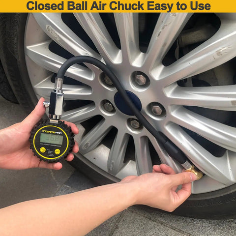 Using a pressure gauge with Heavy Duty Air Chuck Set With Dual Head And Ball Head Chucks For Bike, Motorcycle, Car, And Truck Tire Inflation