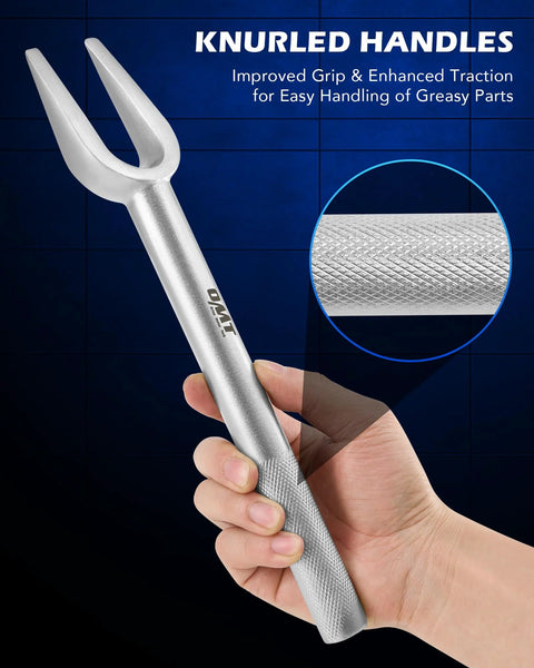 Close-up of a pickle fork tool with knurled handle for grip, part of a Five Piece Pickle Fork Tool Set For Ball Joints Tie Rods Pitman Arms Removal.