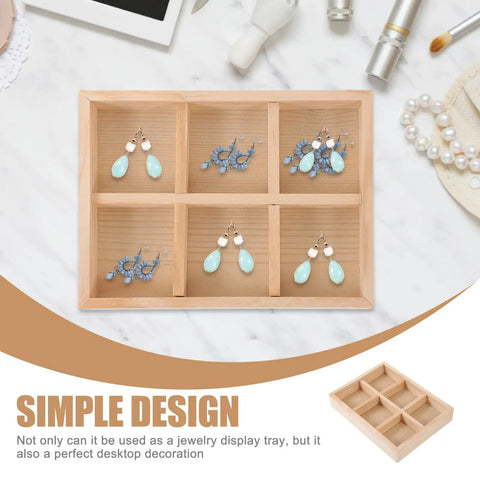 Slick Pine Wood Jewelry Organizer Tray With Six Compartments To Keep Your Ring And Bracelet Stash Neatly Sorted On Any Desk Or Vanity Setup For Serious Good Vibes And Daily Charm, displaying earrings.