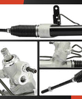 Power Steering Rack And Pinion Assembly With Inner Tie Rods For Nissan Pathfinder 2013 To 2020 Infiniti QX60 2014 To 2020 And JX35 2013 Hydraulic Power Steel Construction Includes Inner Tie Rods Plug And Play shown in detail with close-up views