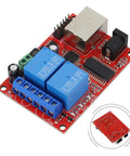 Industrial Ethernet 2 Way Relay Board Delay Switch Controller Module With STC Chip DC 5V To 24V in red with blue relays