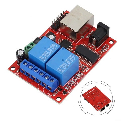 Industrial Ethernet 2 Way Relay Board Delay Switch Controller Module With STC Chip DC 5V To 24V in red with blue relays
