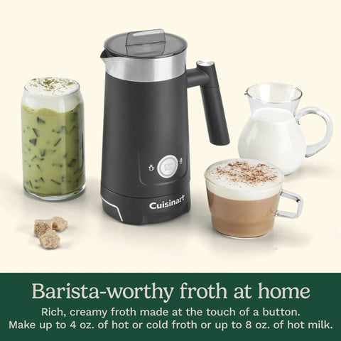 Hot And Cold Foam Milk Frother For Coffee And Cafe Style Drinks Like Lattes Cappuccinos Macchiatos And Hot Chocolate With Stainless Steel Nonstick Milk Tank And Cool Touch Exterior next to assorted beverages and milk jars.