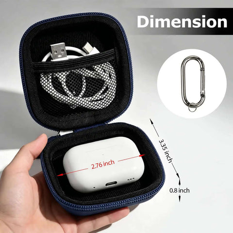 Dang Slick PU Leather And Eva Hard Shell Earbud Case For AirPods And Wireless Pods With Internal Mesh Pocket And Cable Stash And Carabiner Strap To Hold It Tight On Every Adventure In Blue, showing dimensions and interior.