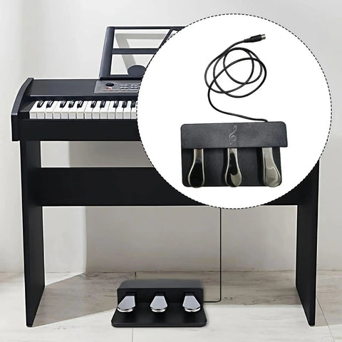 Three-Foot Pedal Unit For Digital Pianos And Keyboards With Universal 5-Pin Round Interface, shown with digital piano.