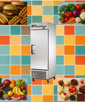 Commercial Reach In Freezer With Solid Swing Door Keeps Things Frosty Down To Ten Below Zero Fahrenheit on colorful backdrop with food.