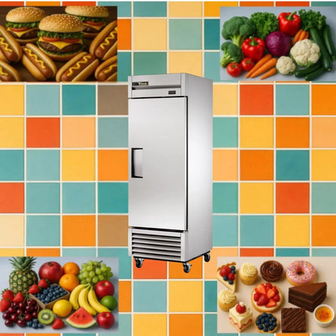 Commercial Reach In Freezer With Solid Swing Door Keeps Things Frosty Down To Ten Below Zero Fahrenheit on colorful backdrop with food.