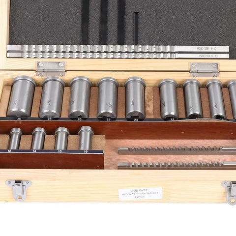 22-Piece Keyway Broach Set With Collared Bushing Shim Kit, Metric Size Metalworking Tools in open wooden case