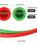 Illustration of Heavy-Duty 1/4 Inch by 100 Foot Twin Welding Torch Hose with 9/16-18 BF Fittings showing hose dimensions and pressure ratings.