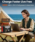 Woman using laptop powered by Lightweight Portable Power Station Delivers 600W Continuous Power With 1200W Surge 299Wh