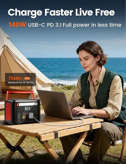 Woman using laptop powered by Lightweight Portable Power Station Delivers 600W Continuous Power With 1200W Surge 299Wh