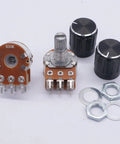 Five Pack 50K Ohm Potentiometers With Six Pin Split Shaft Rotary Linear Type B Potentiometer For Audio Volume Control And Includes Five Knobs For DIY Projects, showing front view with nuts and washers