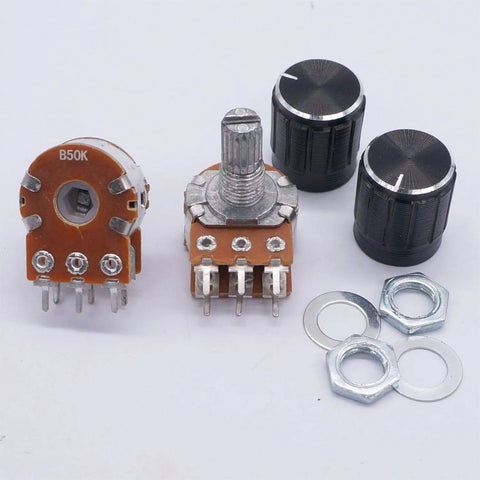 Five Pack 50K Ohm Potentiometers With Six Pin Split Shaft Rotary Linear Type B Potentiometer For Audio Volume Control And Includes Five Knobs For DIY Projects, showing front view with nuts and washers