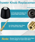 Matte Black 3 Piece Shower Knob And Tub Spout Kit for 9.5mm wide valve stem, showing size and 12 tooth hole position detail.