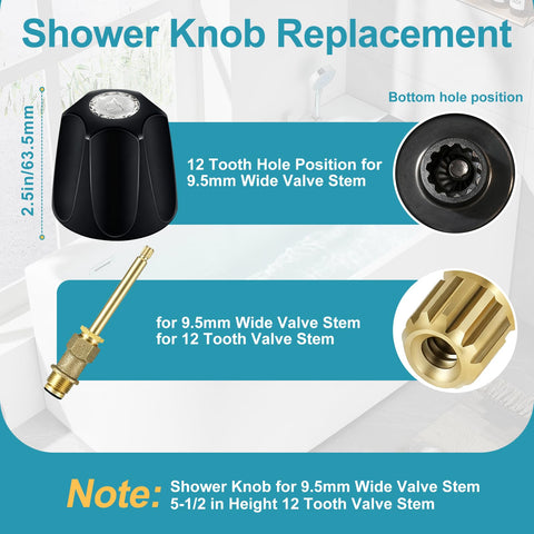 Matte Black 3 Piece Shower Knob And Tub Spout Kit for 9.5mm wide valve stem, showing size and 12 tooth hole position detail.