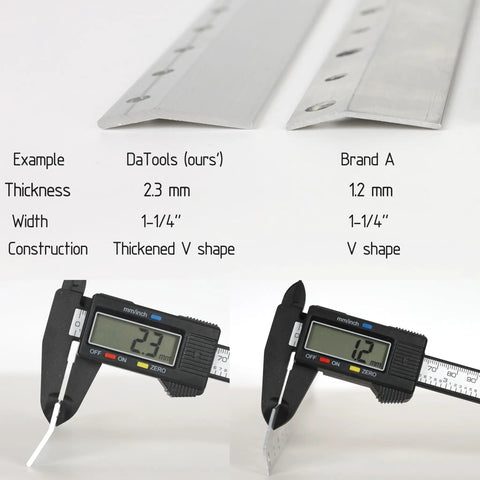 Comparison of two aluminum mounts in the Heavy Duty Mirror Hanging Kit With French Cleat And Z Clips, showing thickness and construction differences.