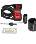 Craftsman door lock hole saw kit; bi-metal, black and red, includes two hole saws, drill bit, and template plate