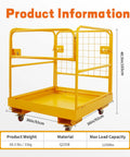 Forklift safety cage front view, 36x36 in yellow metal man basket with four wheels, 1200 lbs capacity