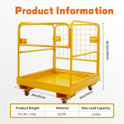 Forklift safety cage front view, 36x36 in yellow metal man basket with four wheels, 1200 lbs capacity