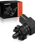 A-Premium ambient air temperature sensor with electrical connector, black plastic body, front view beside its box.