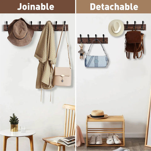32.2 Inch Wall Mount Coat Rack With Eight Metal Hooks Built To Last, Rustic Brown Pine Wood Plank Hat Rack for versatile entryway organization