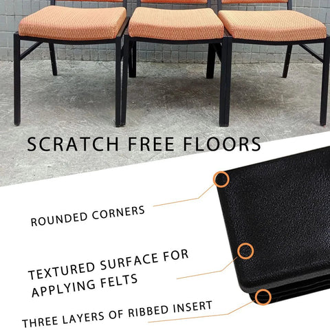 Close-up of black plastic end cap with textured surface, used on chair legs to protect floors. 4 Pack 2x2 Inch End Caps For Square Tubing.